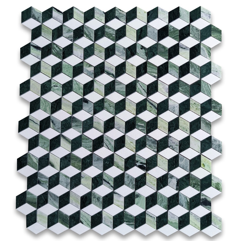 T34K2XP Thassos White Marble Illusion 3D Rhombus Hexagon Mosaic Tile Green