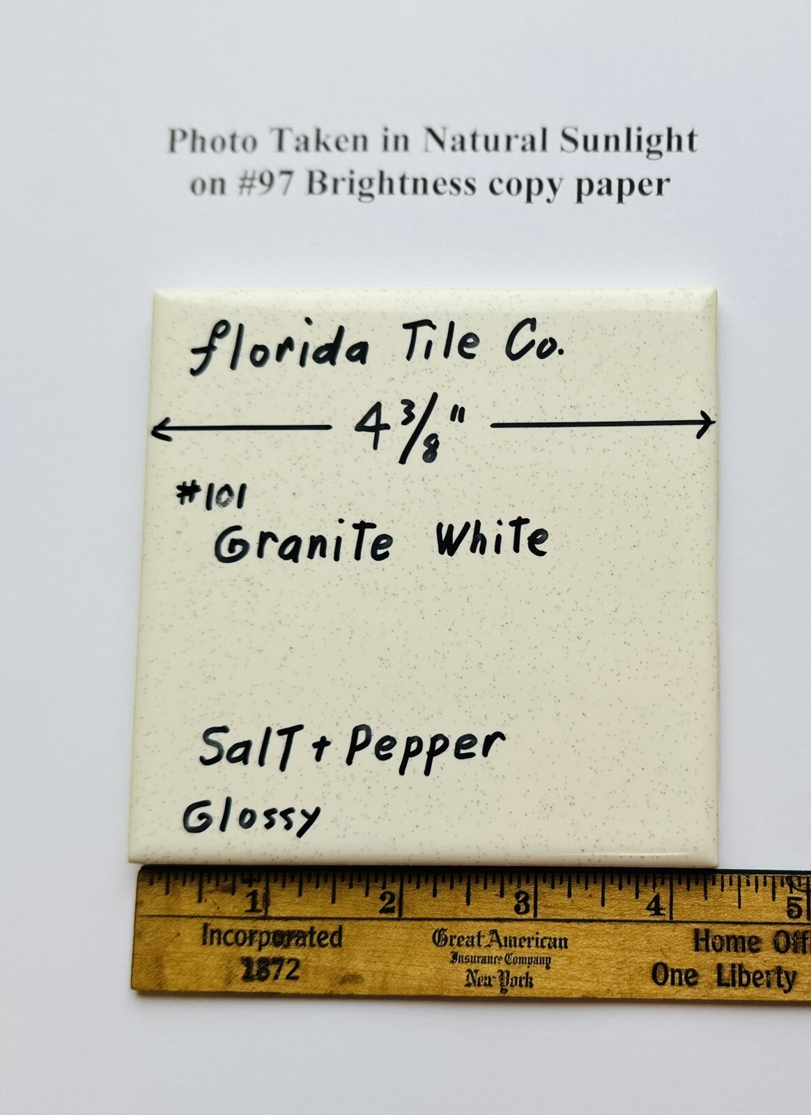 1 pc. Salt + Pepper / Granite White: 4-3/8″ Glossy Ceramic Tile by Florida Co.
