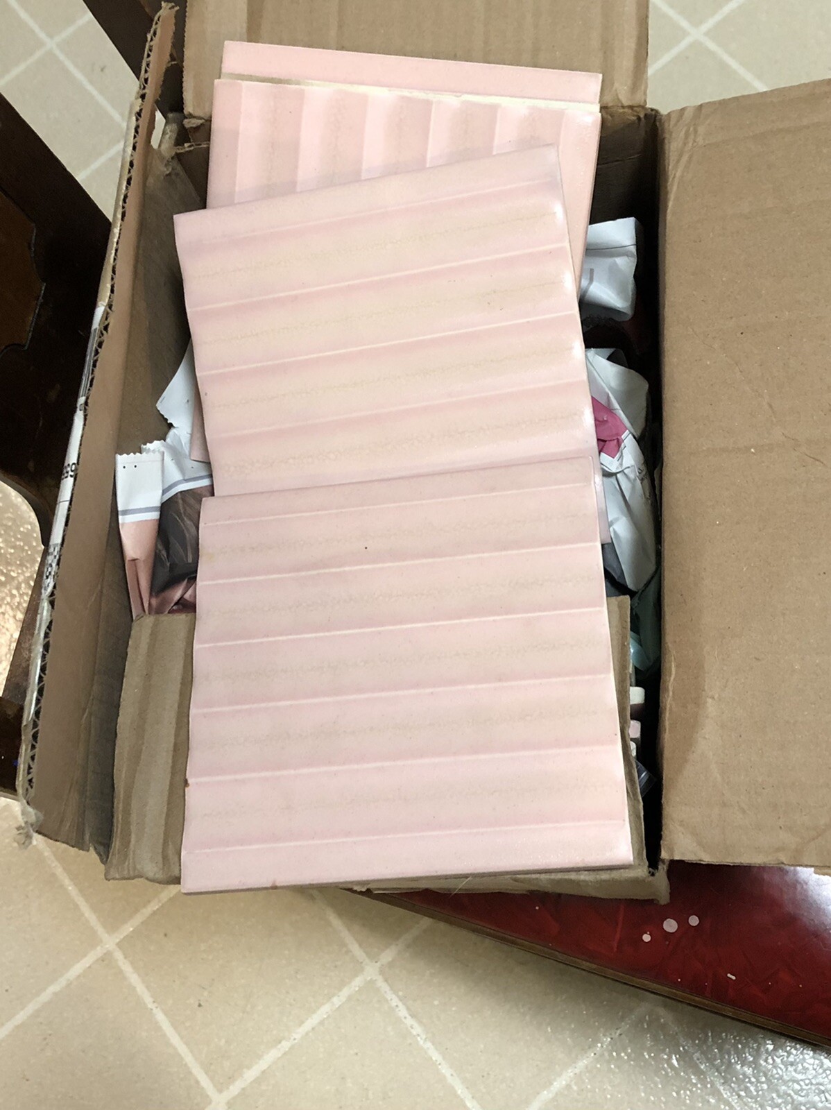 Original 1950’s Mid Century Pomona 6”x6” Bevel Tiles – Shell Pink (10 Total)