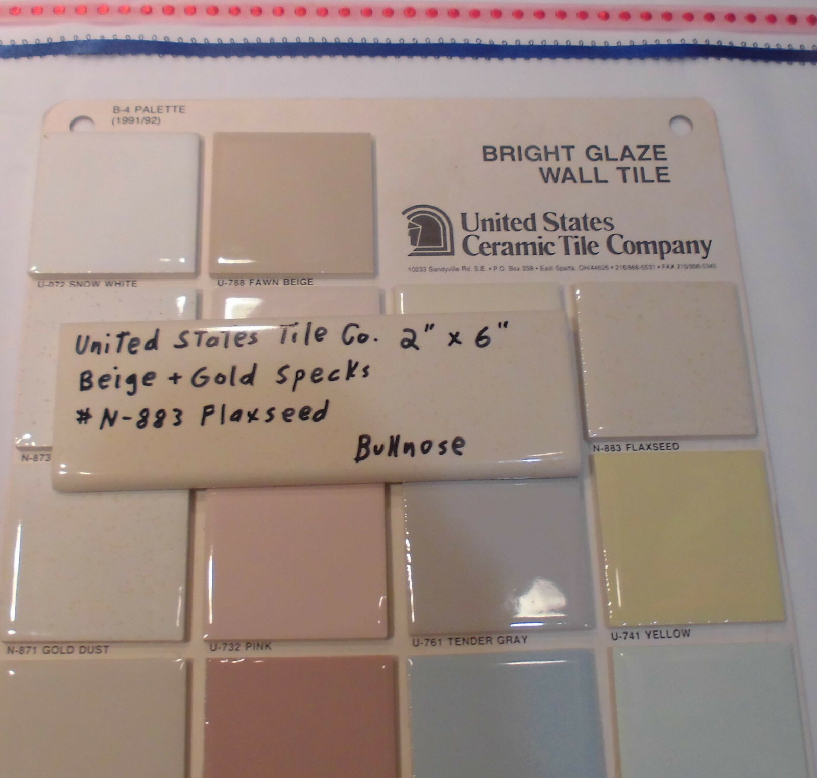 1 pc. Flaxseed / Beige + Gold Specks; Glossy Bullnose Surface Flat Ceramic Tile