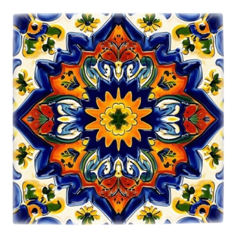 Ceramic Tile blue orange Mexican style 4.25×4.25, 6×6 or 8×8 inches Printed US