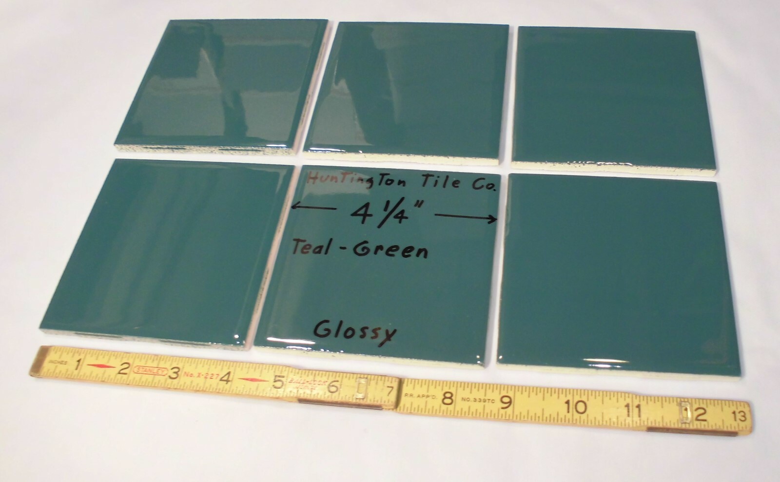 6 pcs. Glossy Ceramic Tiles *Teal-Green* 4-1/4″ Made USA by Huntington Co. NEW