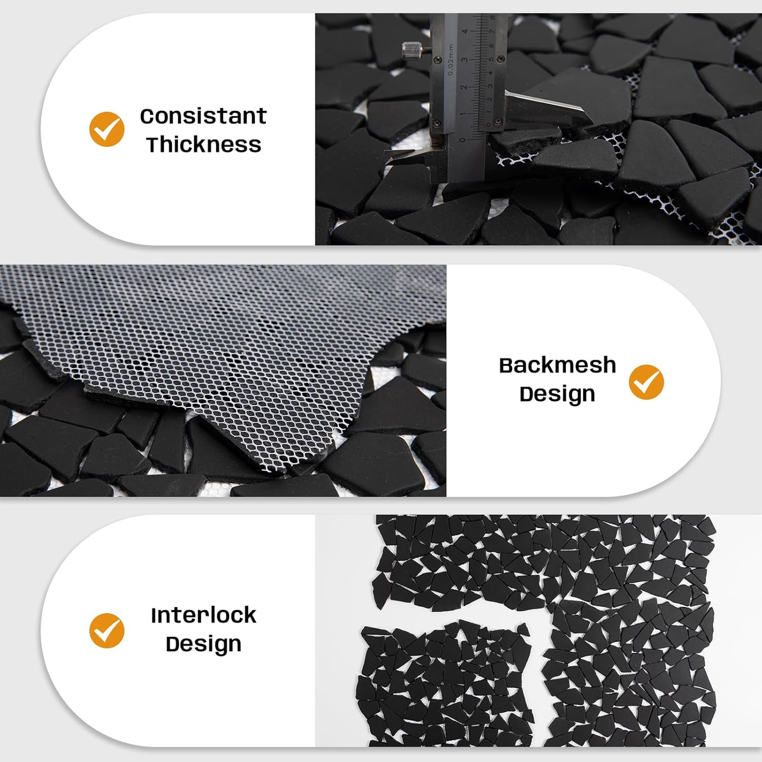 Black Geometric Pebble Tile for Shower, Kitchen, and Outdoor Areas – 5 Sheets
