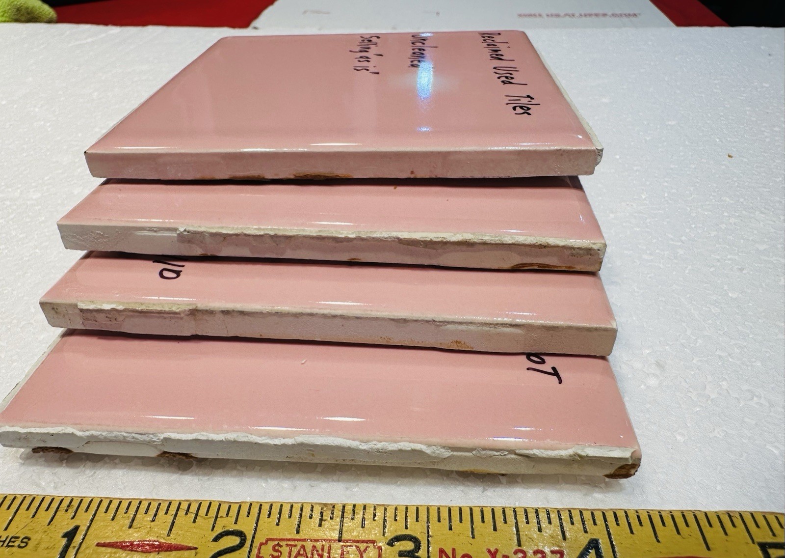 4 Corallin Pink Ceramic Tiles: by Wenczel Co. Used; all uncleaned & needs work