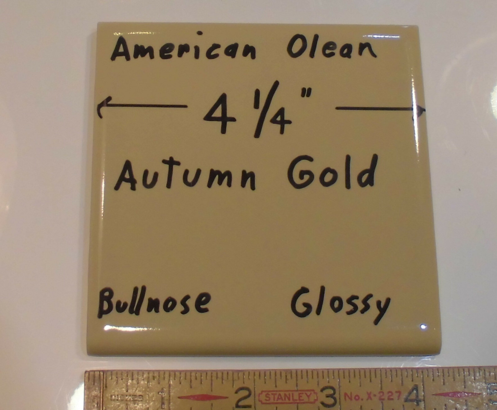 1 pc. Vintage Glossy Ceramic Bullnose Tile 4-1/4” *Autumn Gold-Yellow* By A. O.