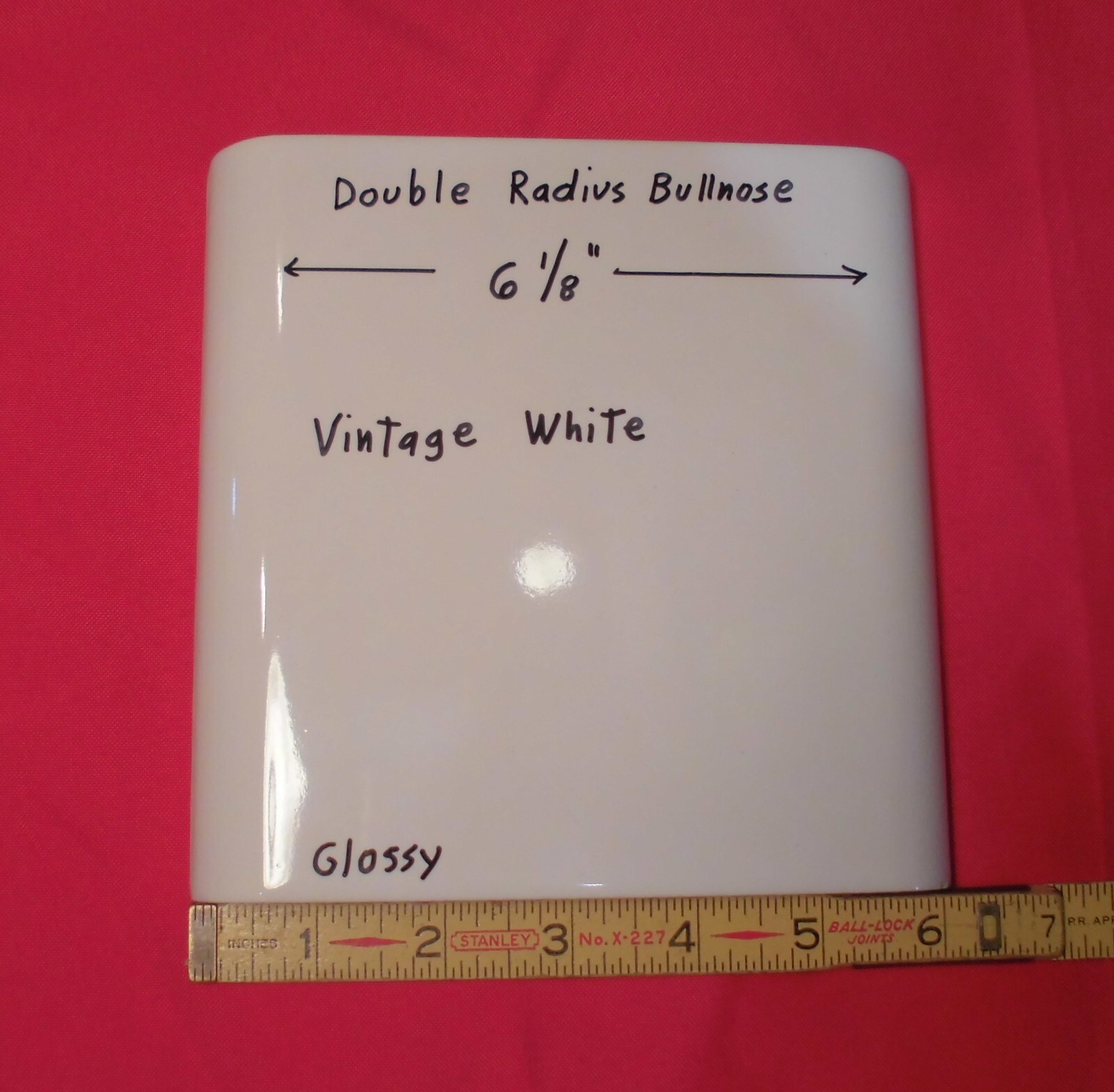 1 pc. Vintage White 6″ x 6″ Double Radius Bullnose Glossy Ceramic Tile, NOS