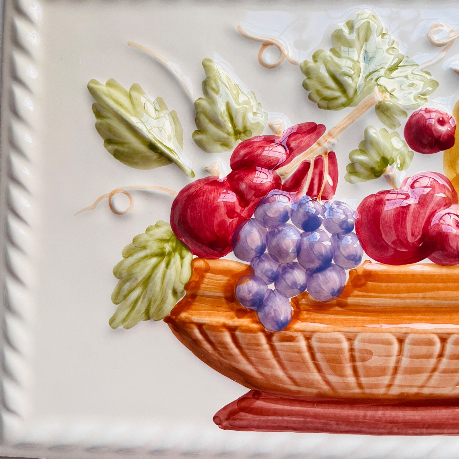 Vintage Embossed 3D Ceramic Fruit Basket Wall Tile Plaque Accent Piece Kitchen
