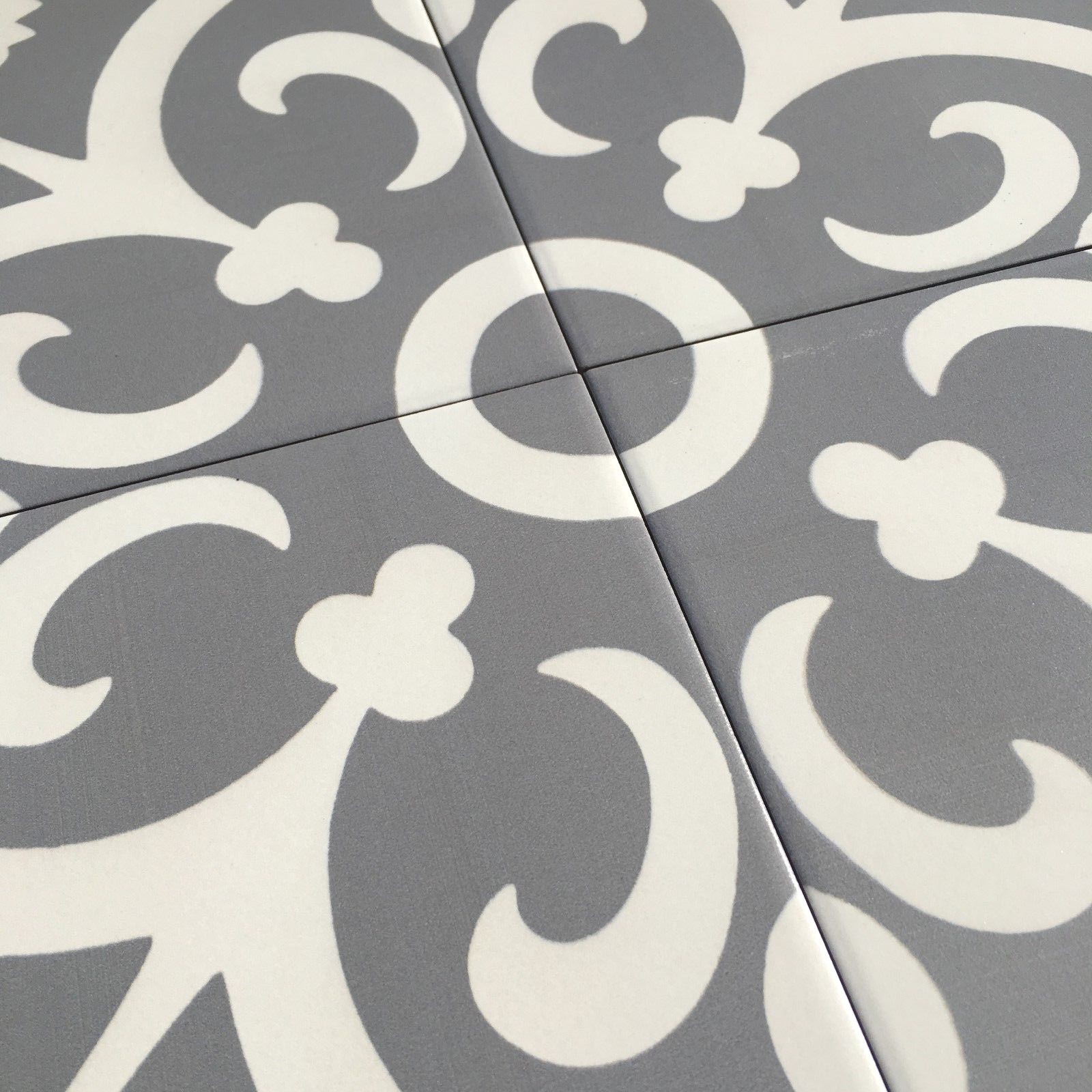 Flora Encaustic Soft Gray White 8×8 Satin Glaze Ceramic Tile (PER PIECE)