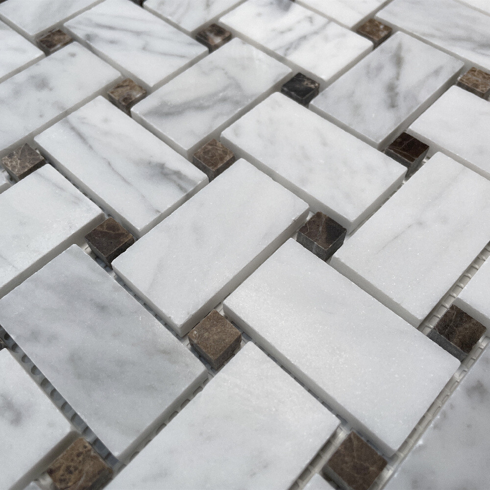 C654XH Carrara Venato Marble 1×2 Basketweave Mosaic Tile Brown Dots Honed