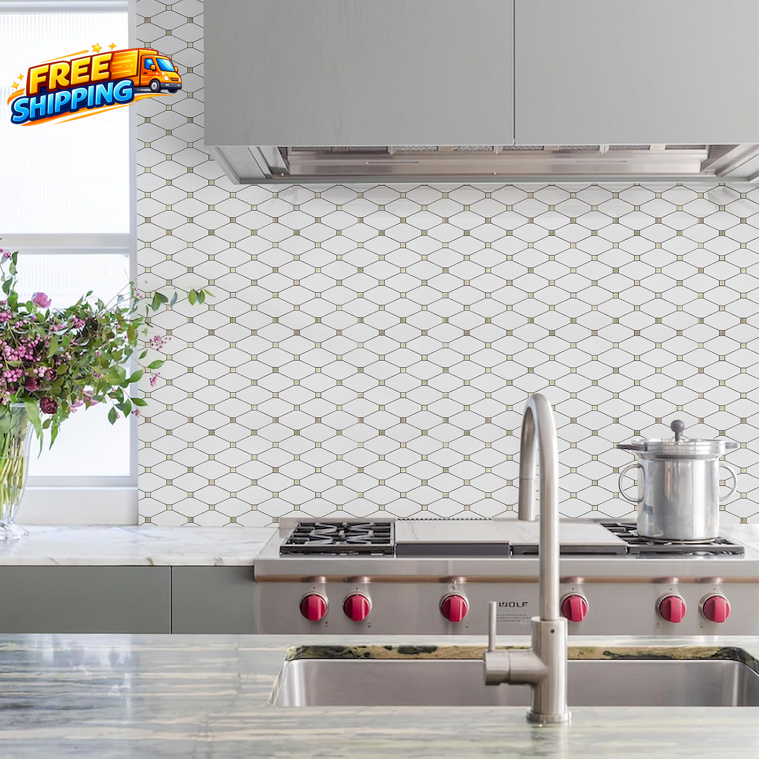 10 Sheets Peel and Stick Backsplash Pure White Marble Look PVC Mixed Metal Gold
