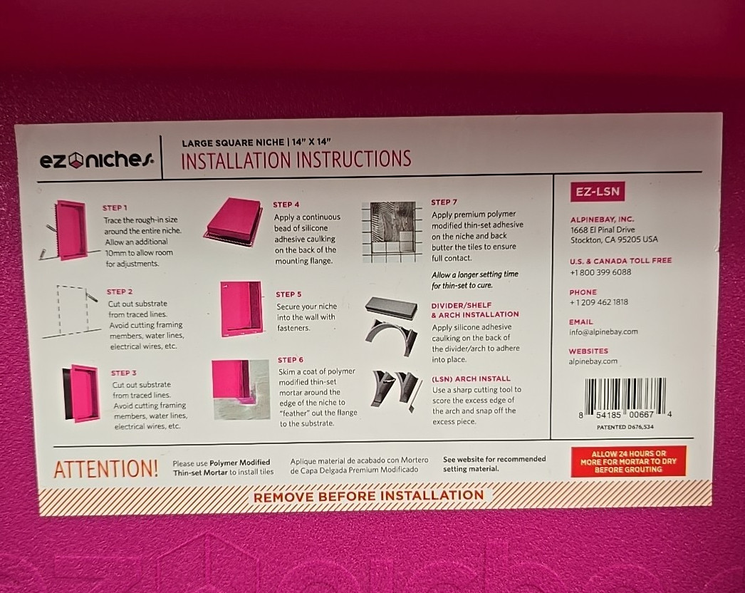 EZ-Niches EX-LSN Square Tile Ready Shower Wall Recessed Shelf Niche – 14 x 14