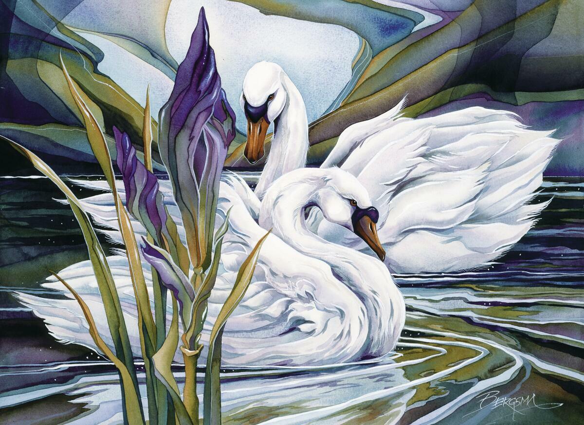 Ceramic Tile Mural Kitchen Backsplash – Everlasting Love – Swans Bird Artwork