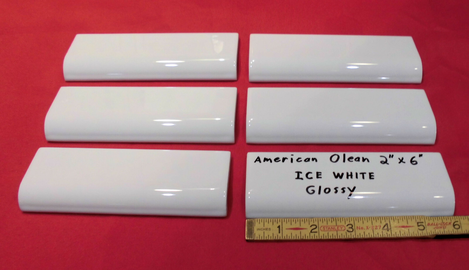 6 pcs. *Glossy Ice White* 2″ X 6″ X 5/8″ Ceramic Radius Bullnose Tiles; NEW