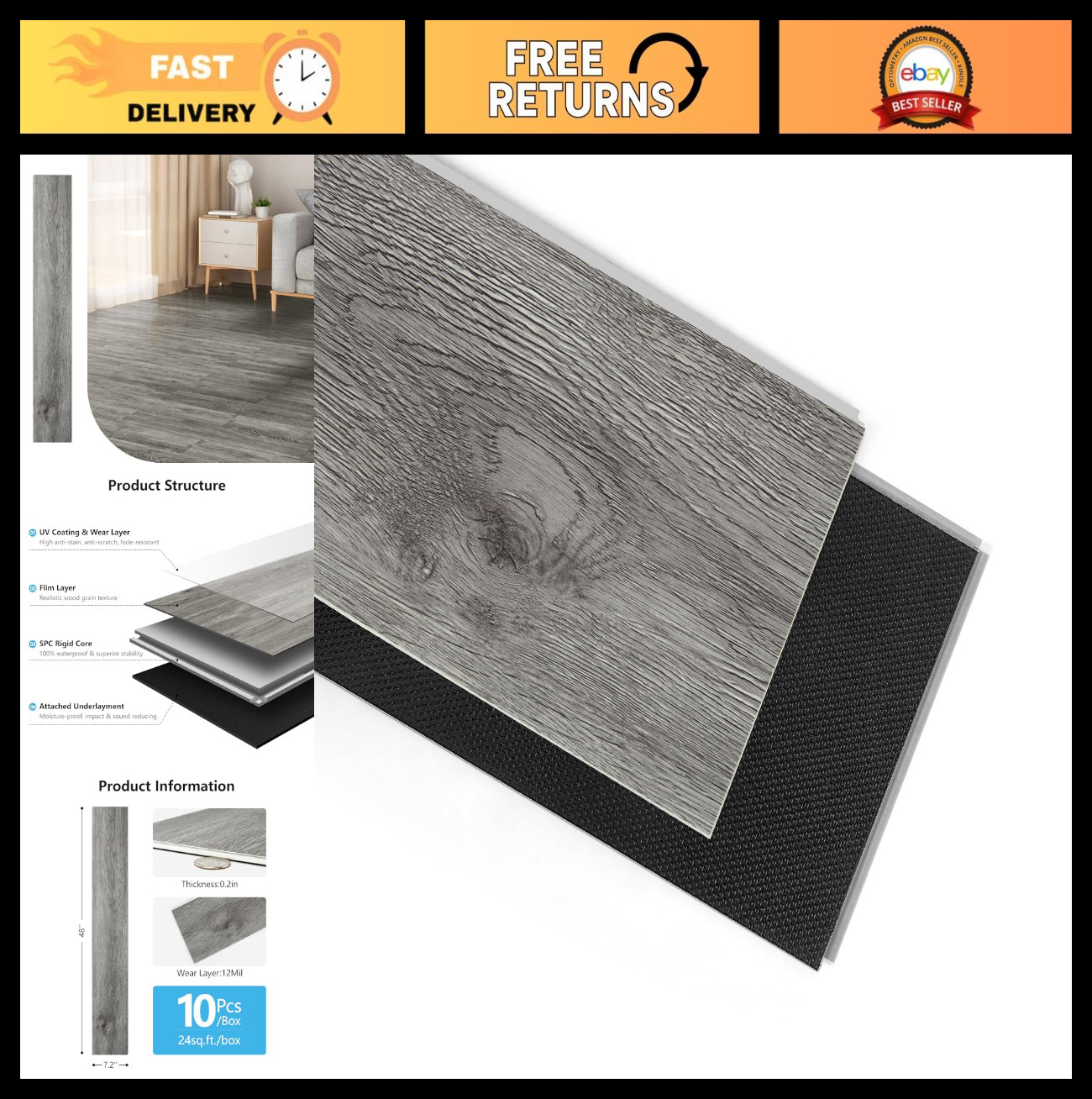 48″ x 7.2″ SPC Click-Lock Floating Floor Tiles, 10-Pack, Waterproof Luxury Wood