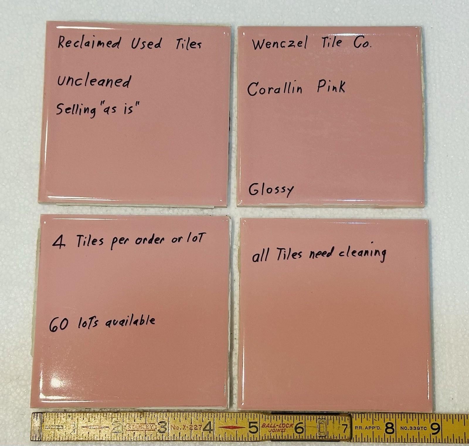 4 Corallin Pink Ceramic Tiles: by Wenczel Co. Used; all uncleaned & needs work