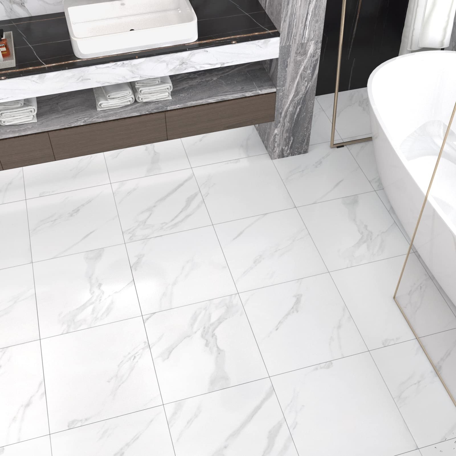 White Marble Peel and Stick Floor Tile Bathroom Self Adhesive Floor Tiles Peel a