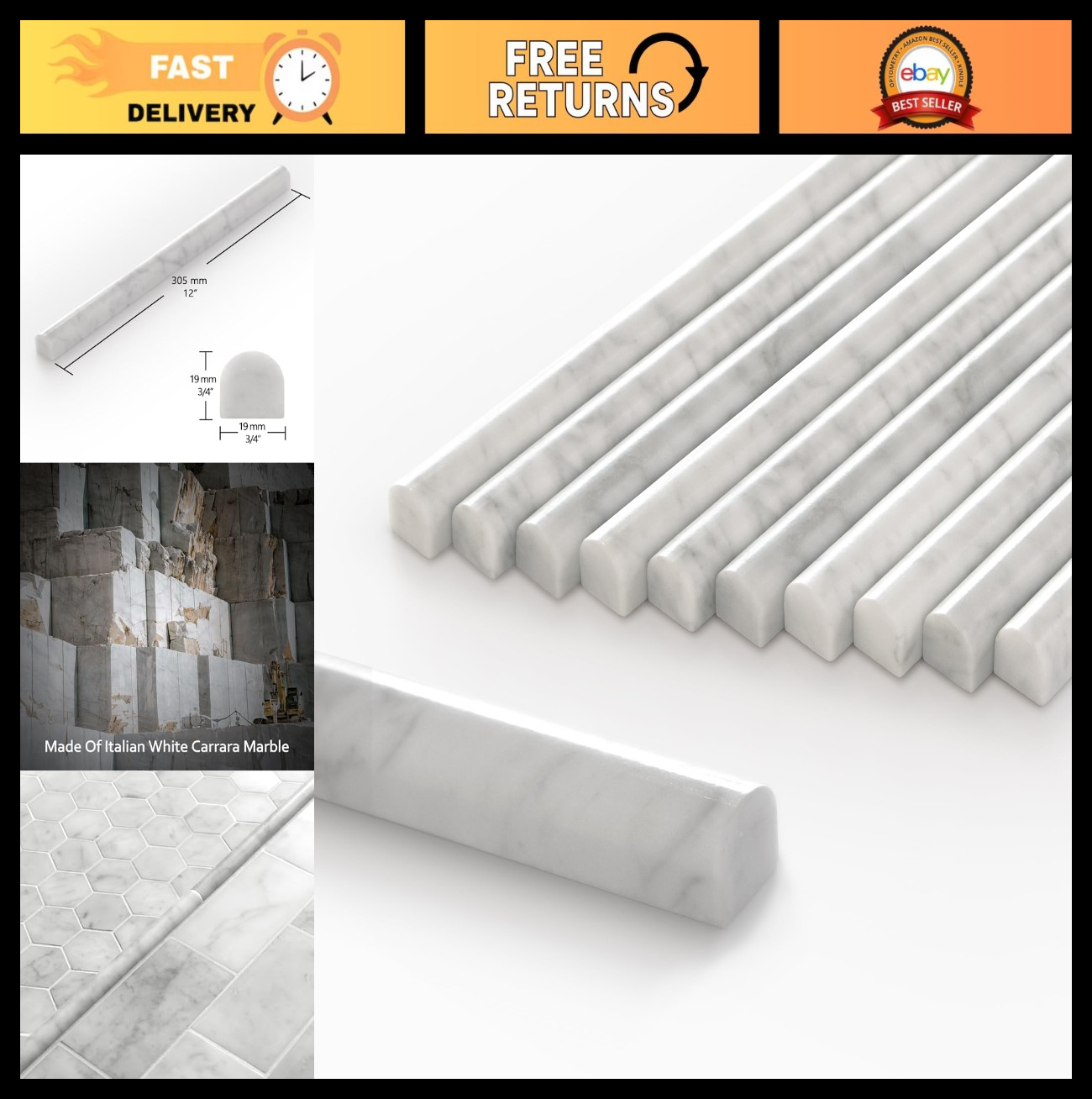 10-Pack White Marble Pencil Liner Tile 3/4″ x 12″ Honed Edge Trim for Backsplash