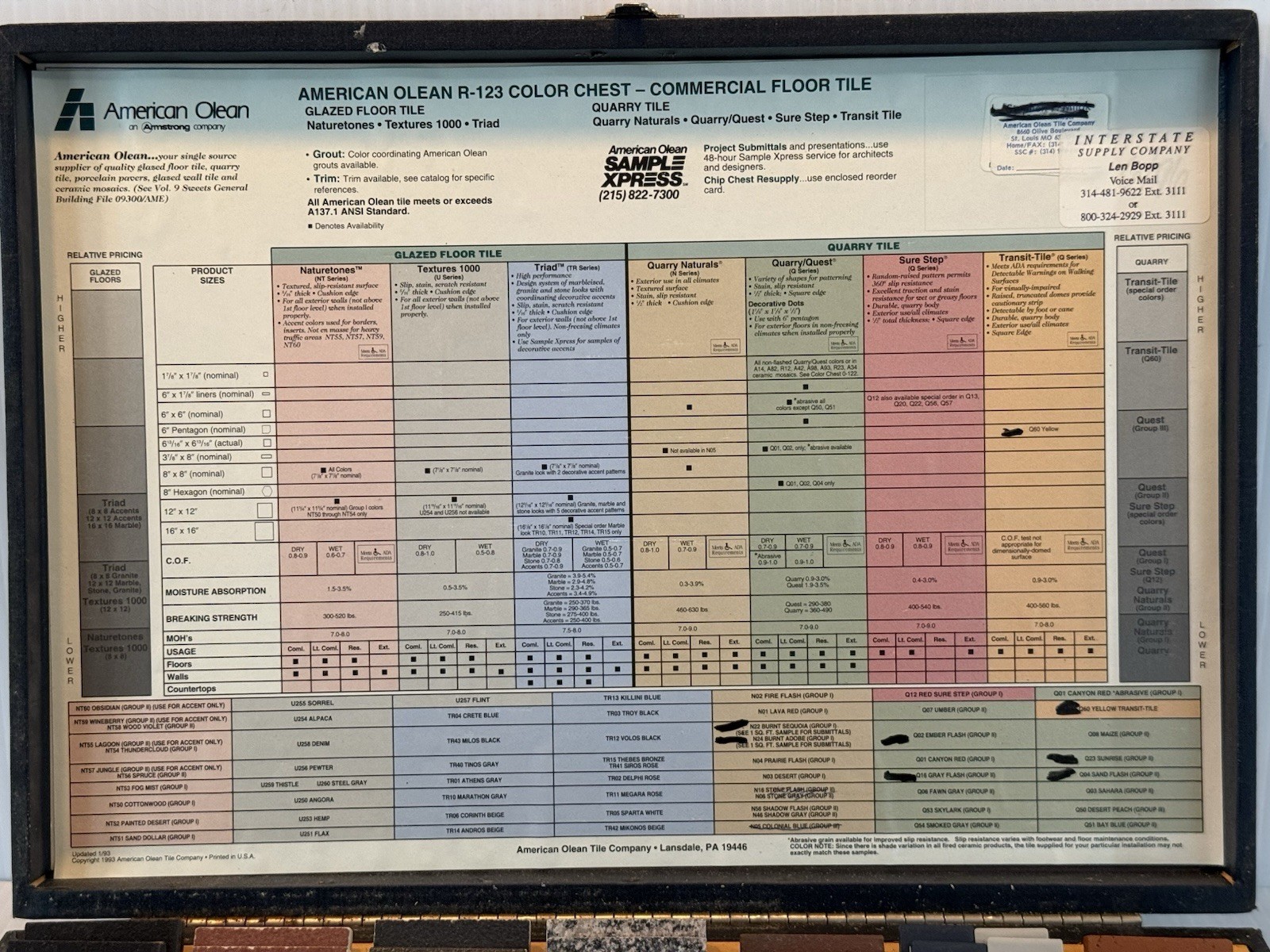 1993 American Olean R123 Color Chest Tile Sample Case 110+ Pieces Nearly Complet
