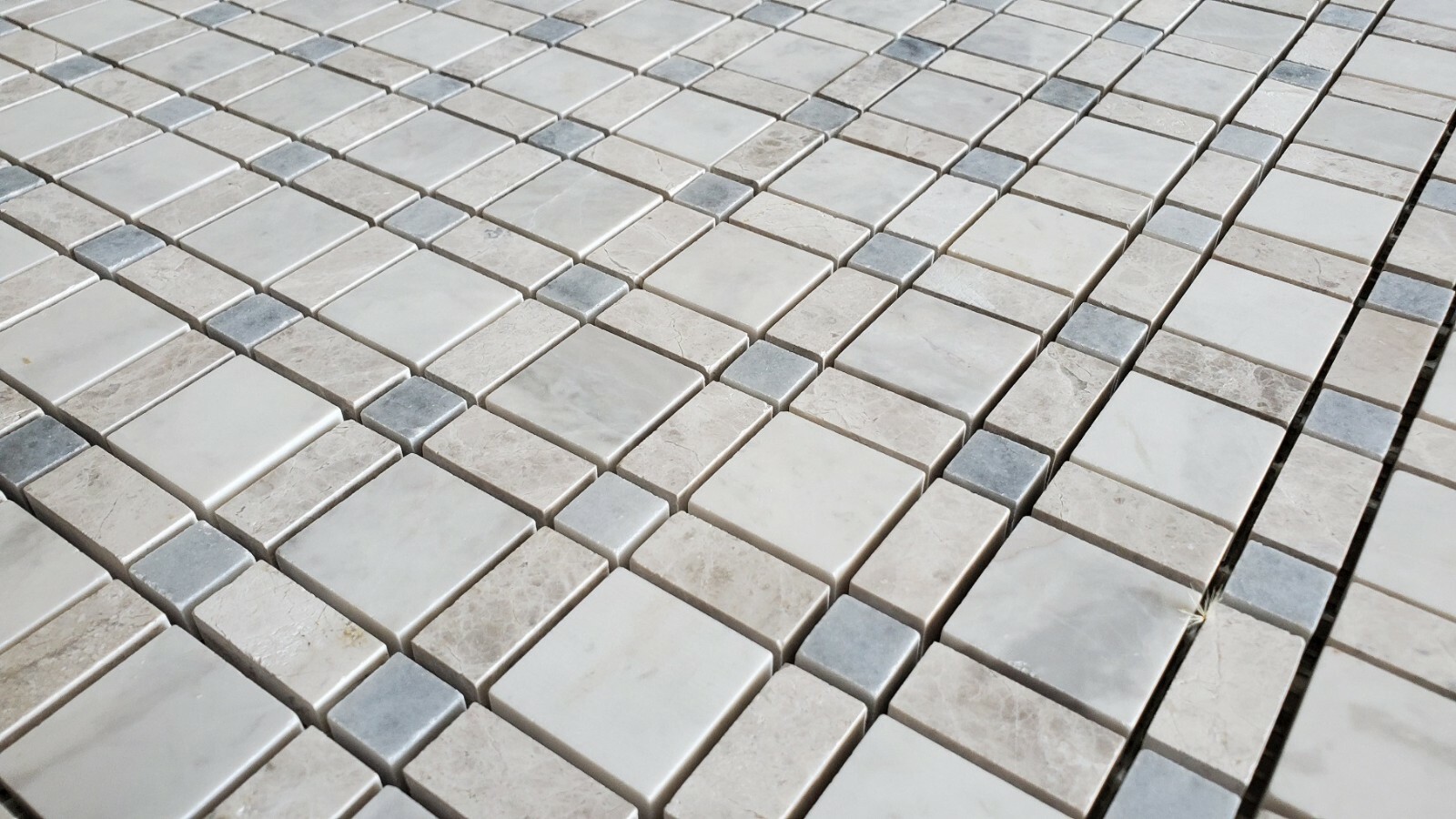Plaid Carrara & Silver Shadow & Tahoe Honed Marble Mosaic Tile