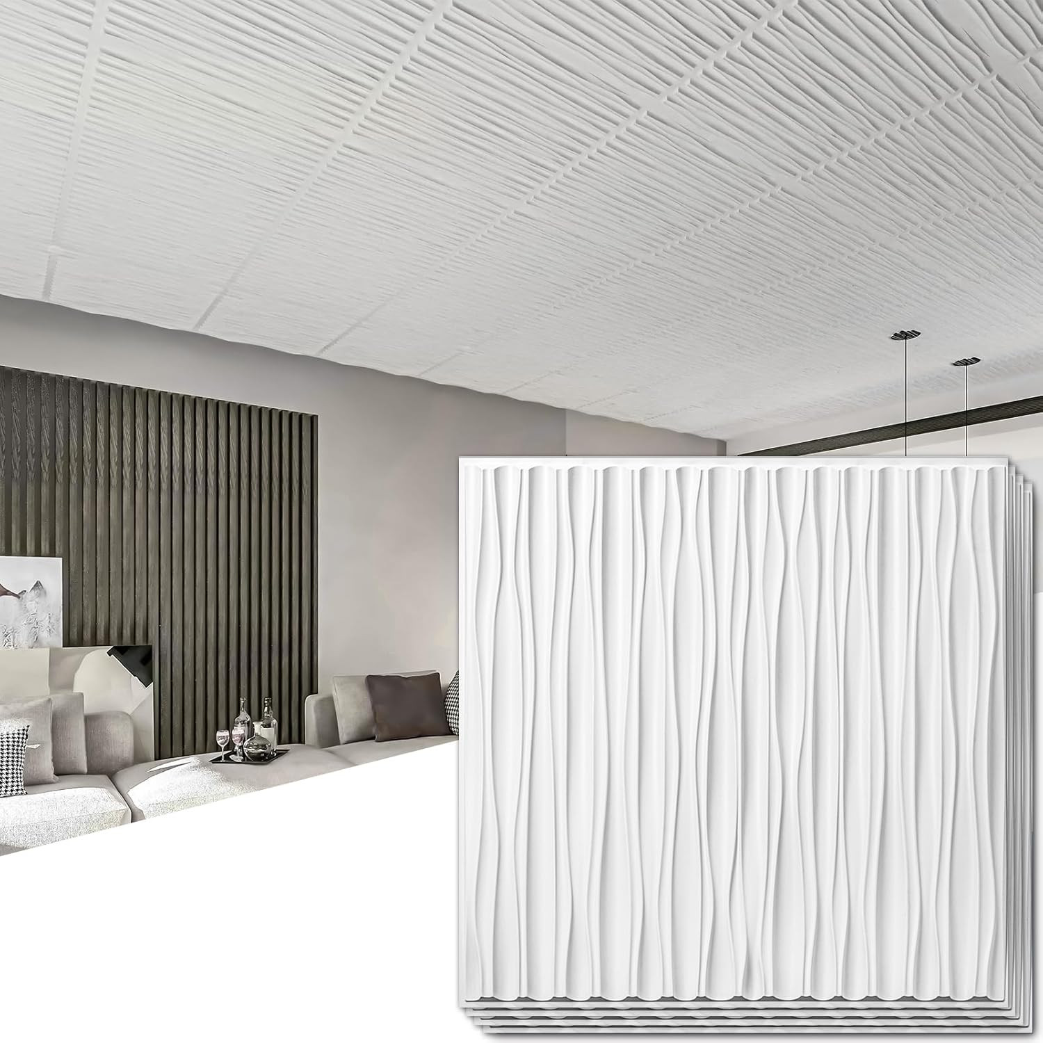 Premium 3D Ceiling Tiles 24×24, 12-Pack Waterproof PVC Wall Panels, Fire Rated