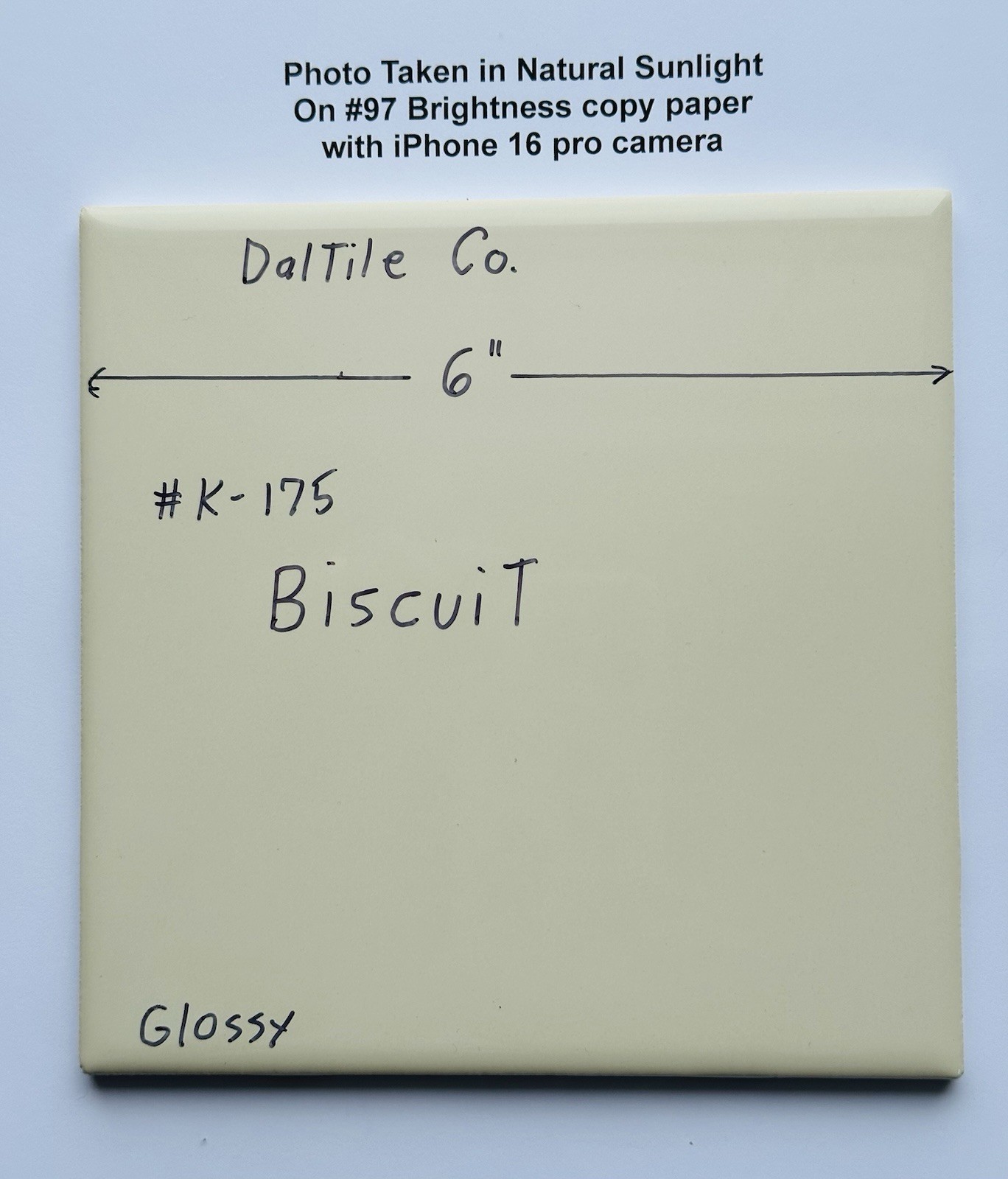 1 pc. Kohler Biscuit # K-175: 6″ X 6″ Gloss Ceramic Tile by Daltile Co. Mint