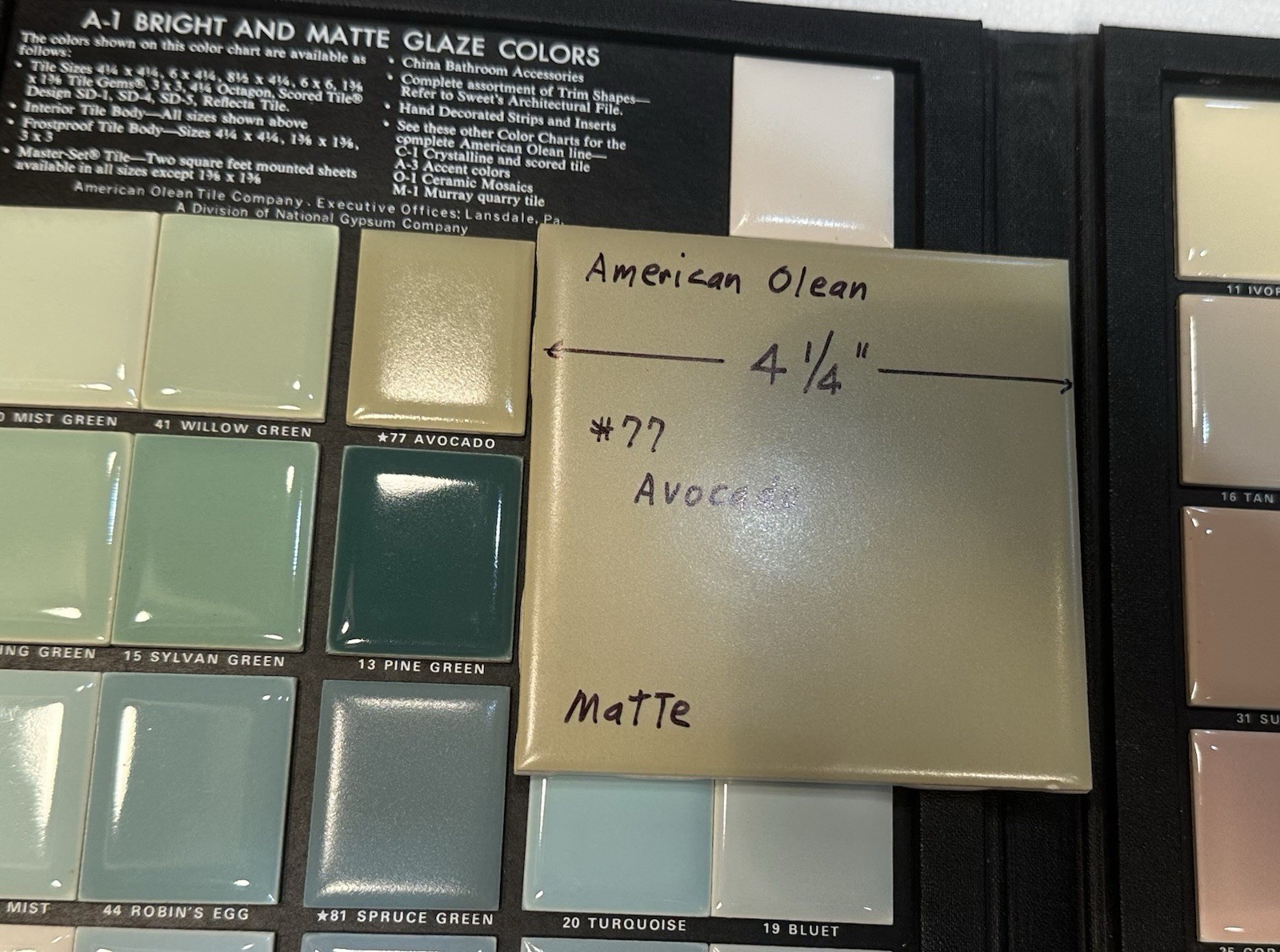 1 pc. Avocado Green: 4-1/4″ Matte Ceramic Tile #77 by American Olean Co. New