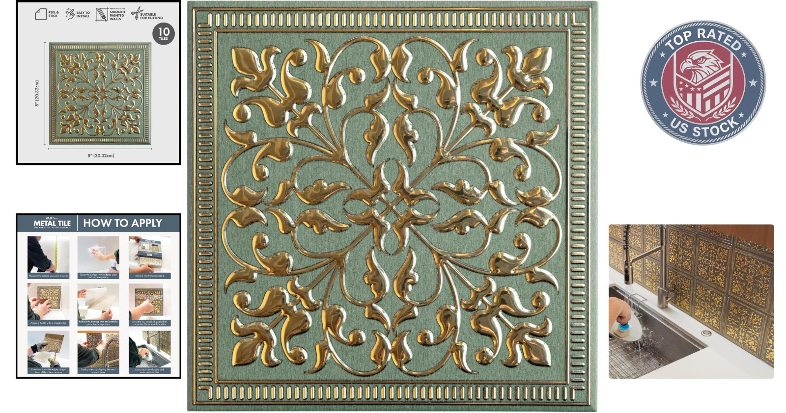 10-Pack 8″x8″ Peel and Stick Rustic Farmhouse Tiles – Water-Resistant Aluminum