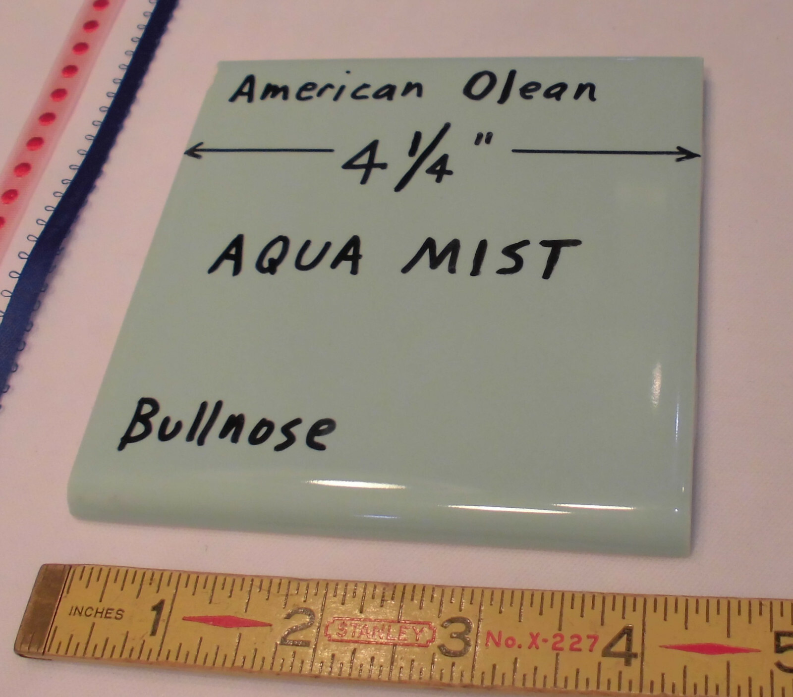 1 pc. *Aqua Mist* Vintage Glossy Ceramic Bullnose Tile 4-1/4” blue-green by A.O.