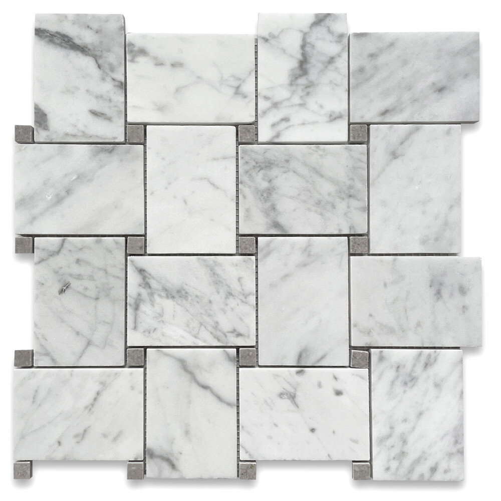 C663XP Wide Basketweave Mosaic White Carrara Marble Tile Gray Dots Polished