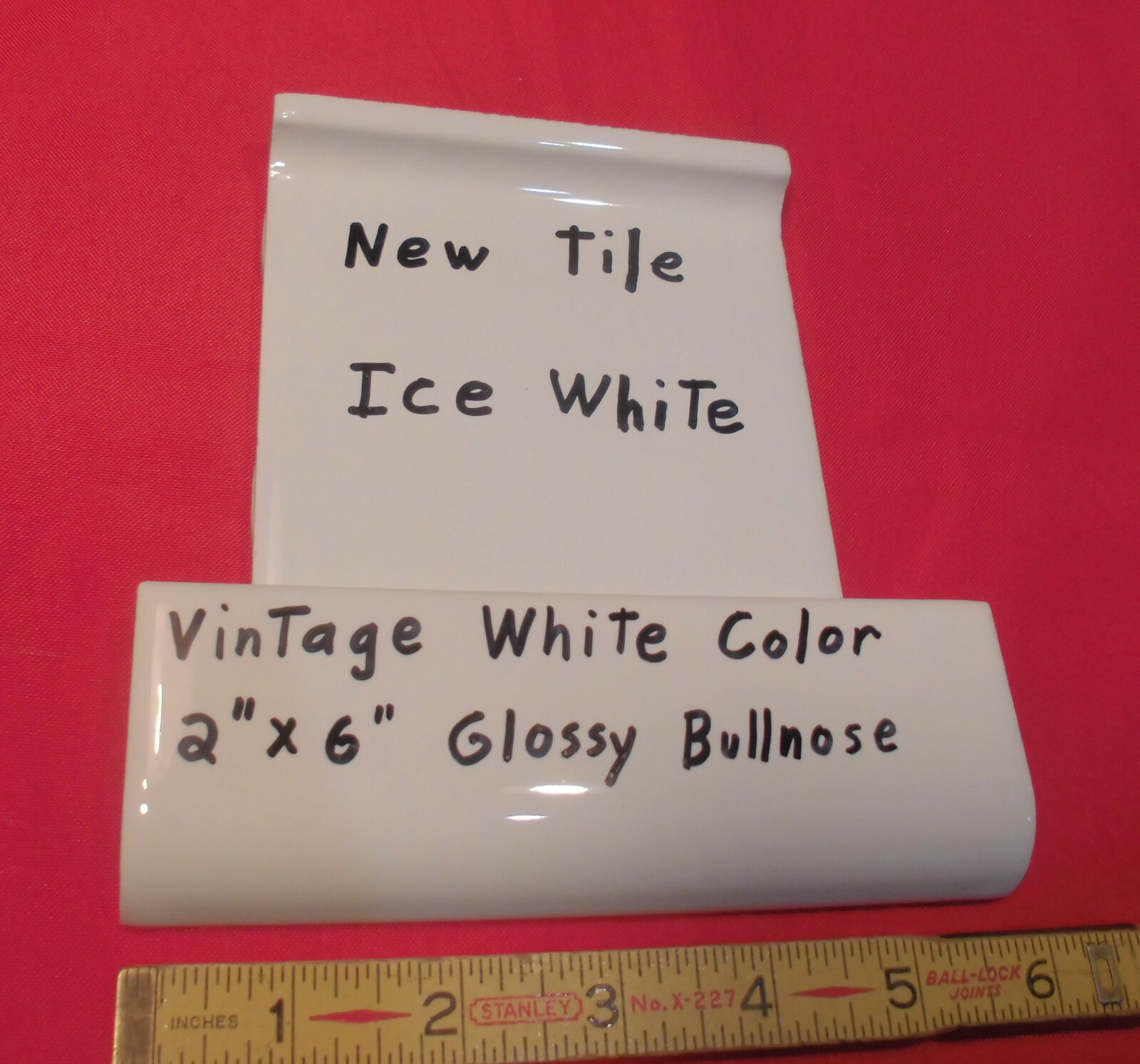 1 pc. *Vintage White* Glossy 2″ X 6″ Ceramic Radius Bullnose Tile; Mud Caps