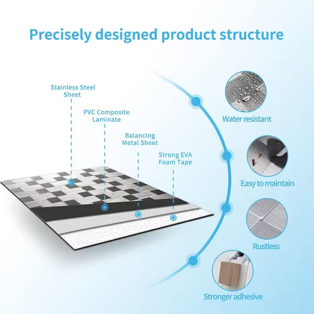Art3d Peel Stick Metal Backsplash Tile 11.8×11.8 in Aluminum Silver 9.6 sq ft