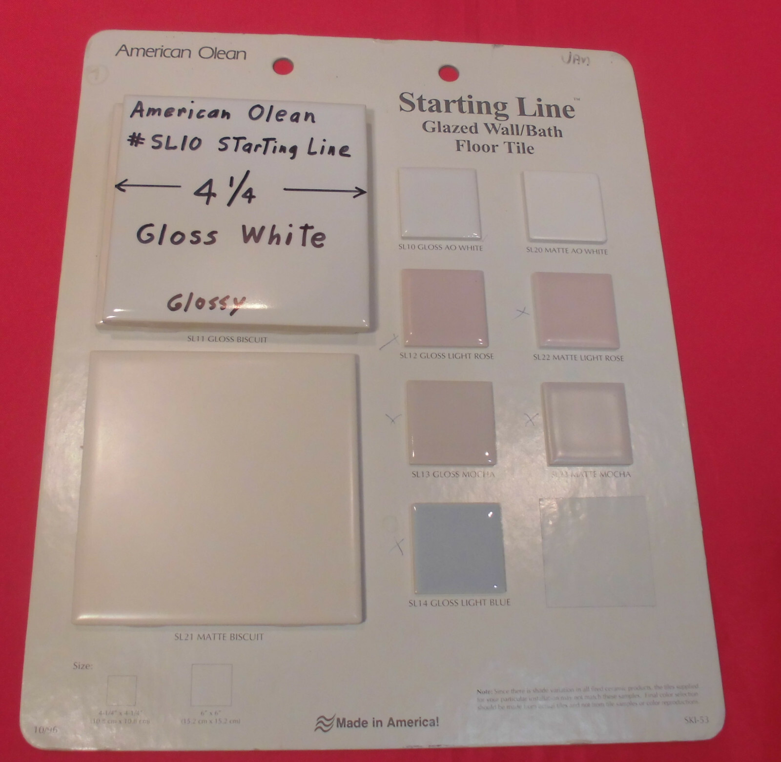 1 pc. Gloss White #SL10: Ceramic Tile by American Olean 1990’s “Starting Line”