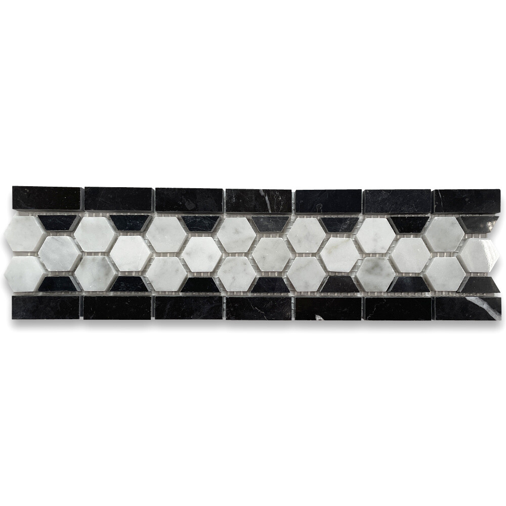 C31B1XP Carrara Venato Marble Hexagon Border Listello Mosaic Tile Polished