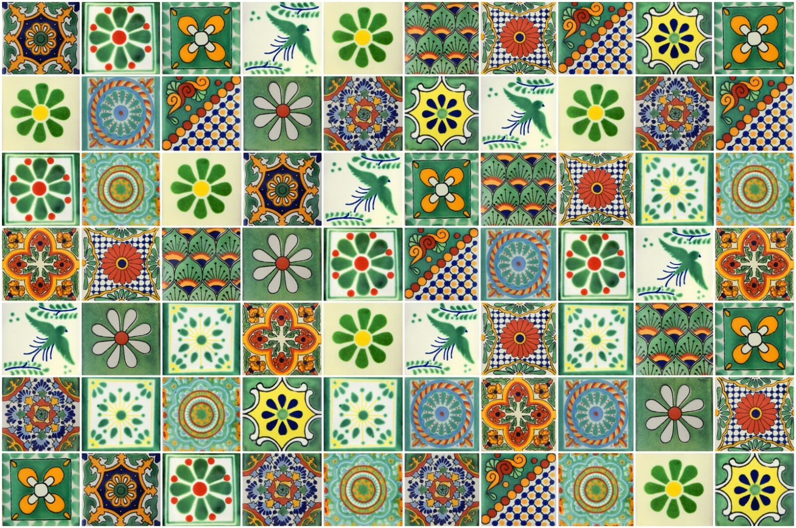 100 Mexican Talavera Ceramic Tiles 4″ GREEN MIXED DESIGNS