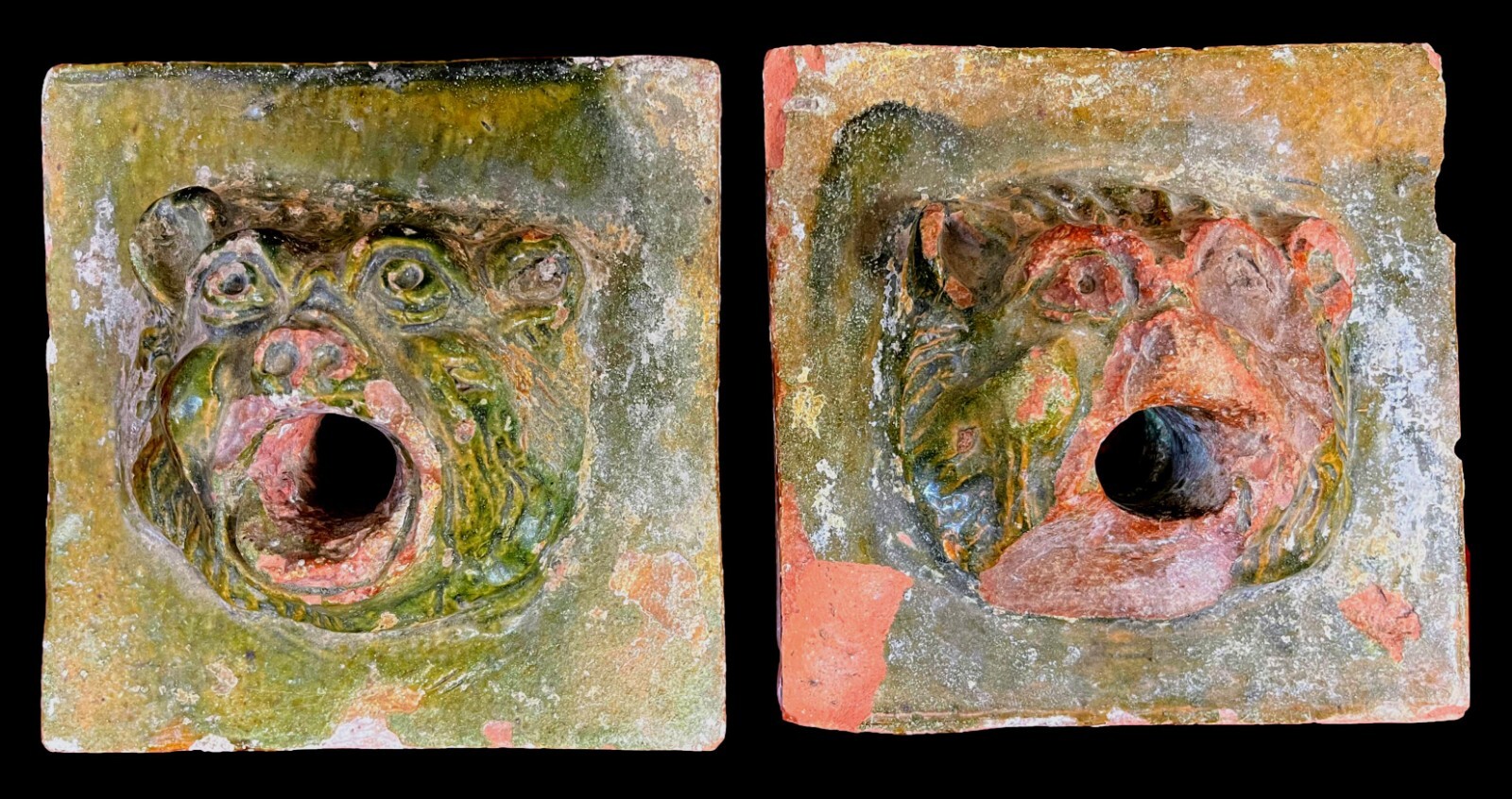 PAIR OF ANTIQUE WALL FOUNTAIN SPOUTS . LION HEADS. GLAZED CERAMIC,SPAIN.XVI-XVII