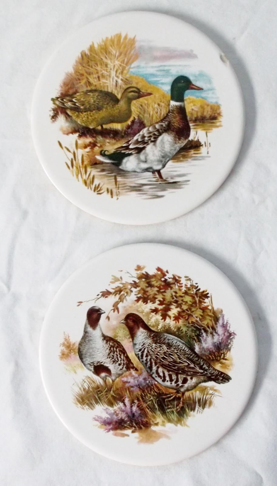 Vintage Pheasants & Ducks Set of 2 Trivets/Wall Hangings-Cork Backing & Hook