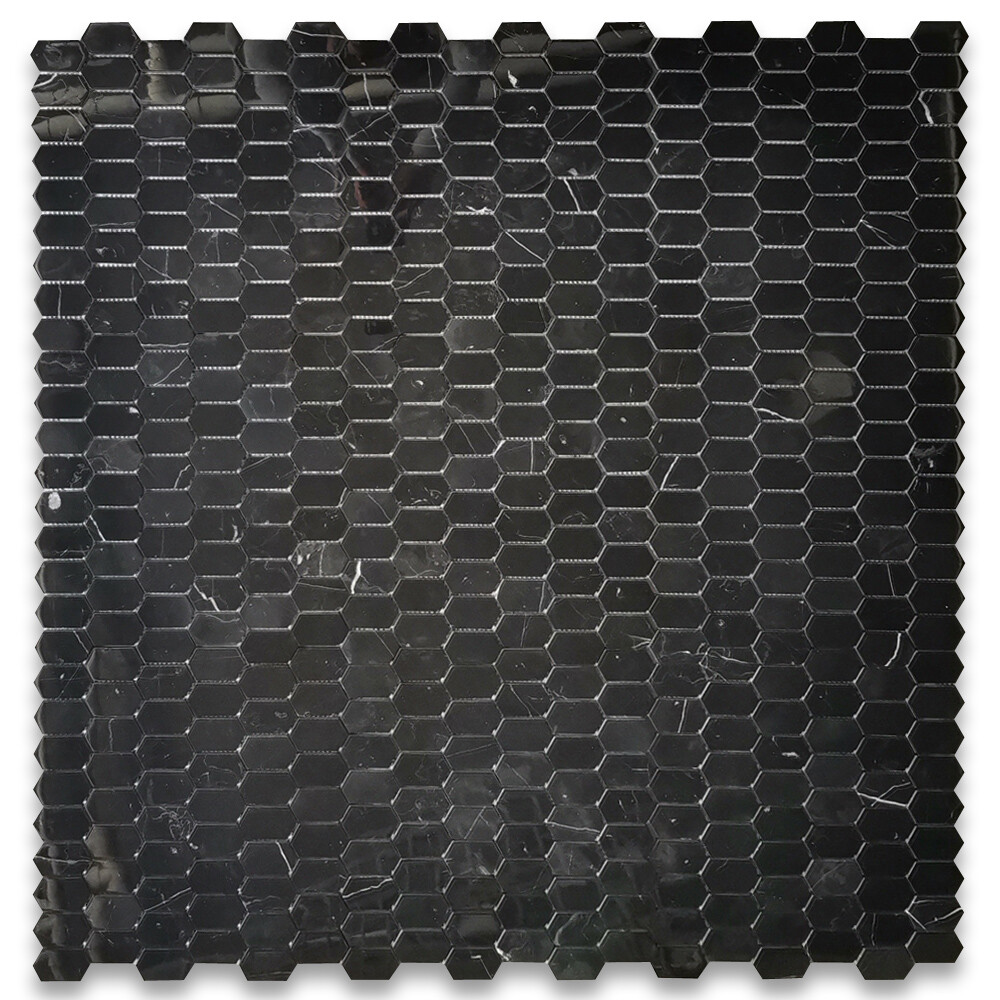 N30AXP Nero Marquina Black Marble Constellation Hexagon Mosaic Tile Polished