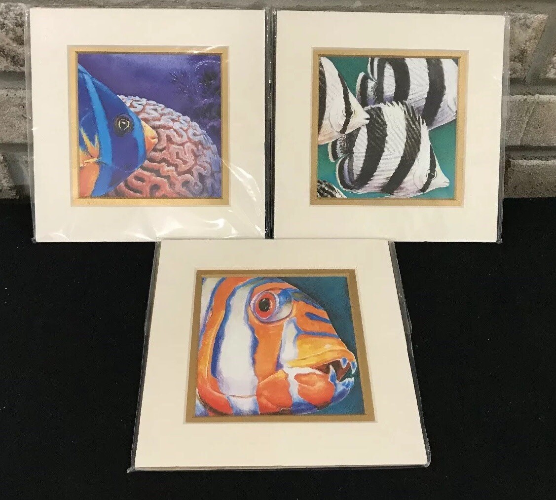 Tropical Ocean Nautical fish Wall Art Multi Color Angel Fish Set 3 Matted 6×6