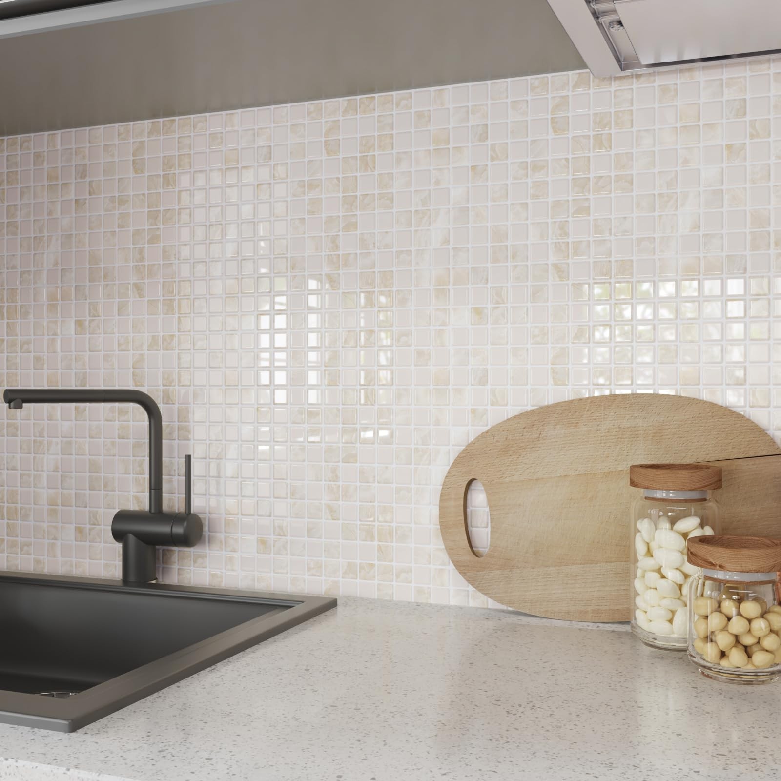 4 Sheets Beige Peel and Stick Backsplash Small Square Mosaic Stick on Tiles f…