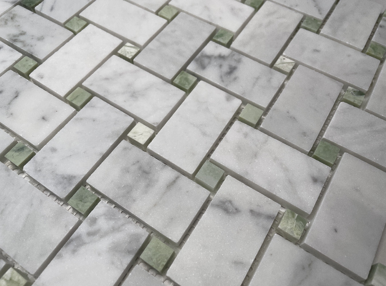 C652XH White Carrara Marble 1×2 Basketweave Mosaic Tile Green Dots Honed