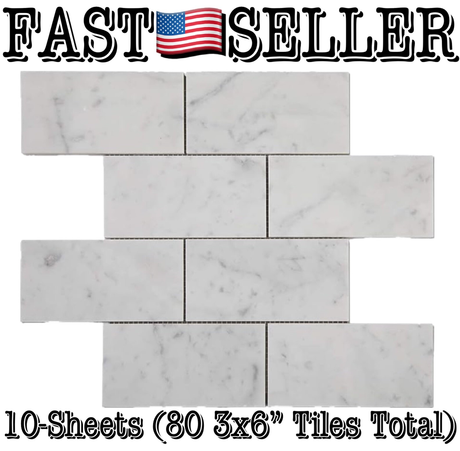 10-Sheets White Italian Bianco Carrara Marble Subway Tile (80 3×6” Pcs Total)