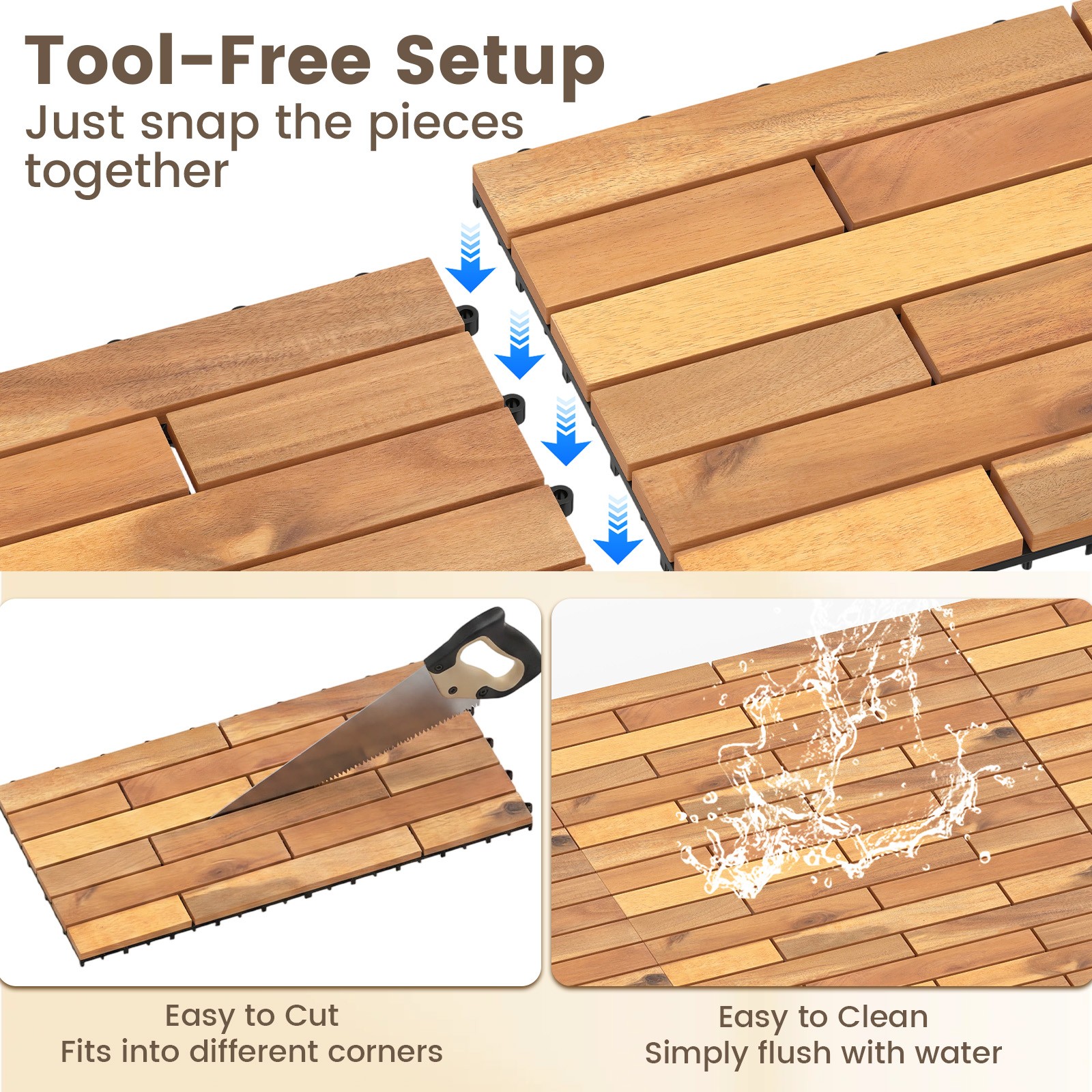 24″ x 12″ Acacia Wood Interlocking Deck Tiles, 36 PCS Waterproof Flooring Tiles