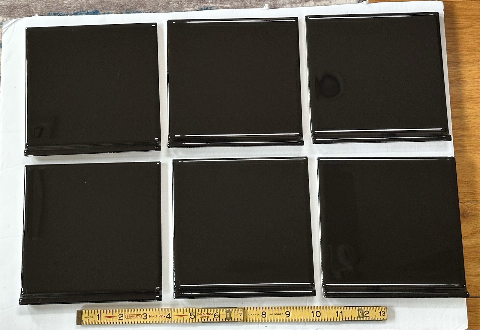 lot of 6: Glossy Black: Flat Top; base/cove Ceramic Tile: 6″ X 6″ with Defects