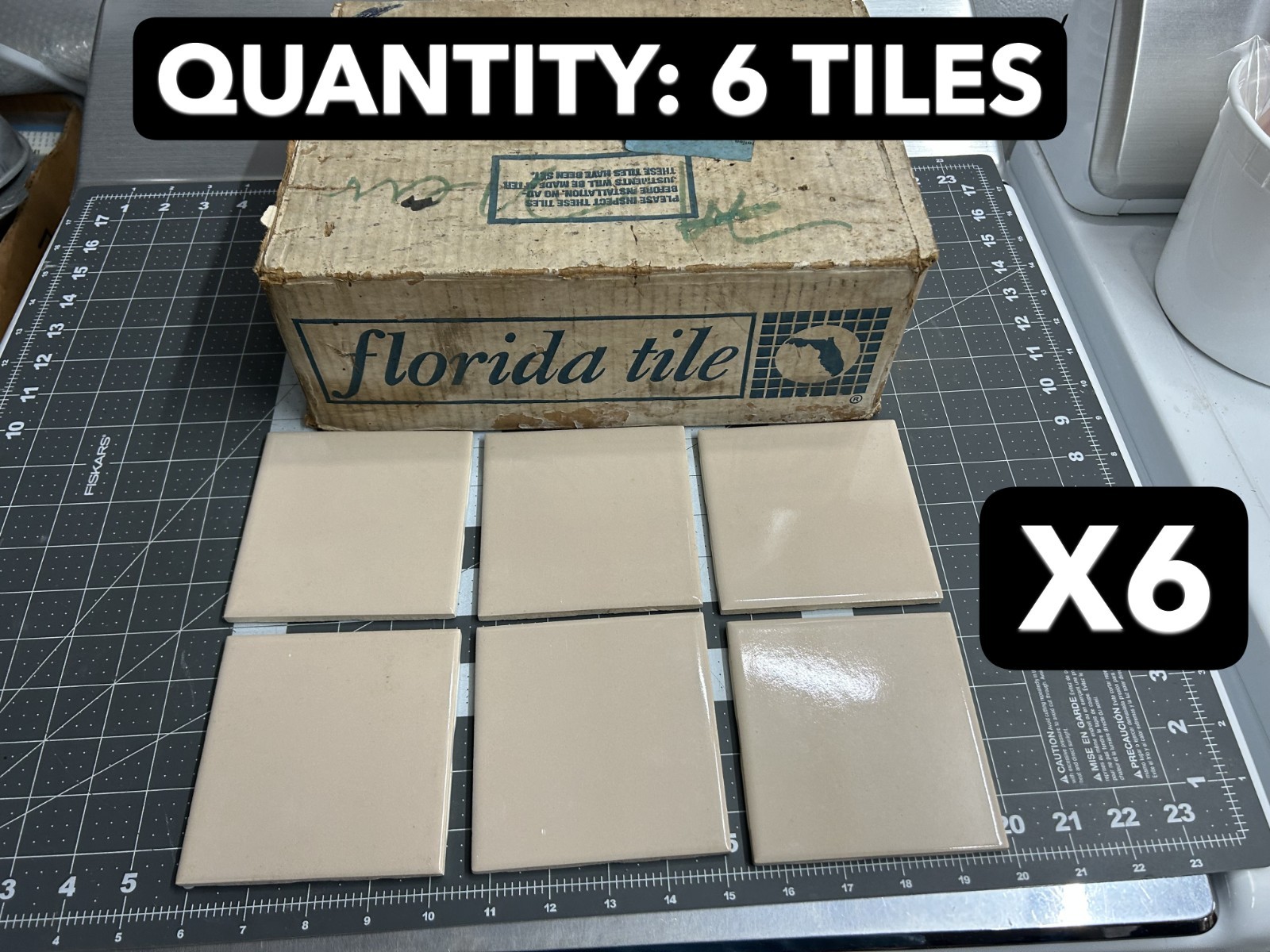 NOS 6-PACK lot VINTAGE FLORIDA TILE 4-3/8″ FAWN BEIGE #22/23 Ceramic Tile 1962