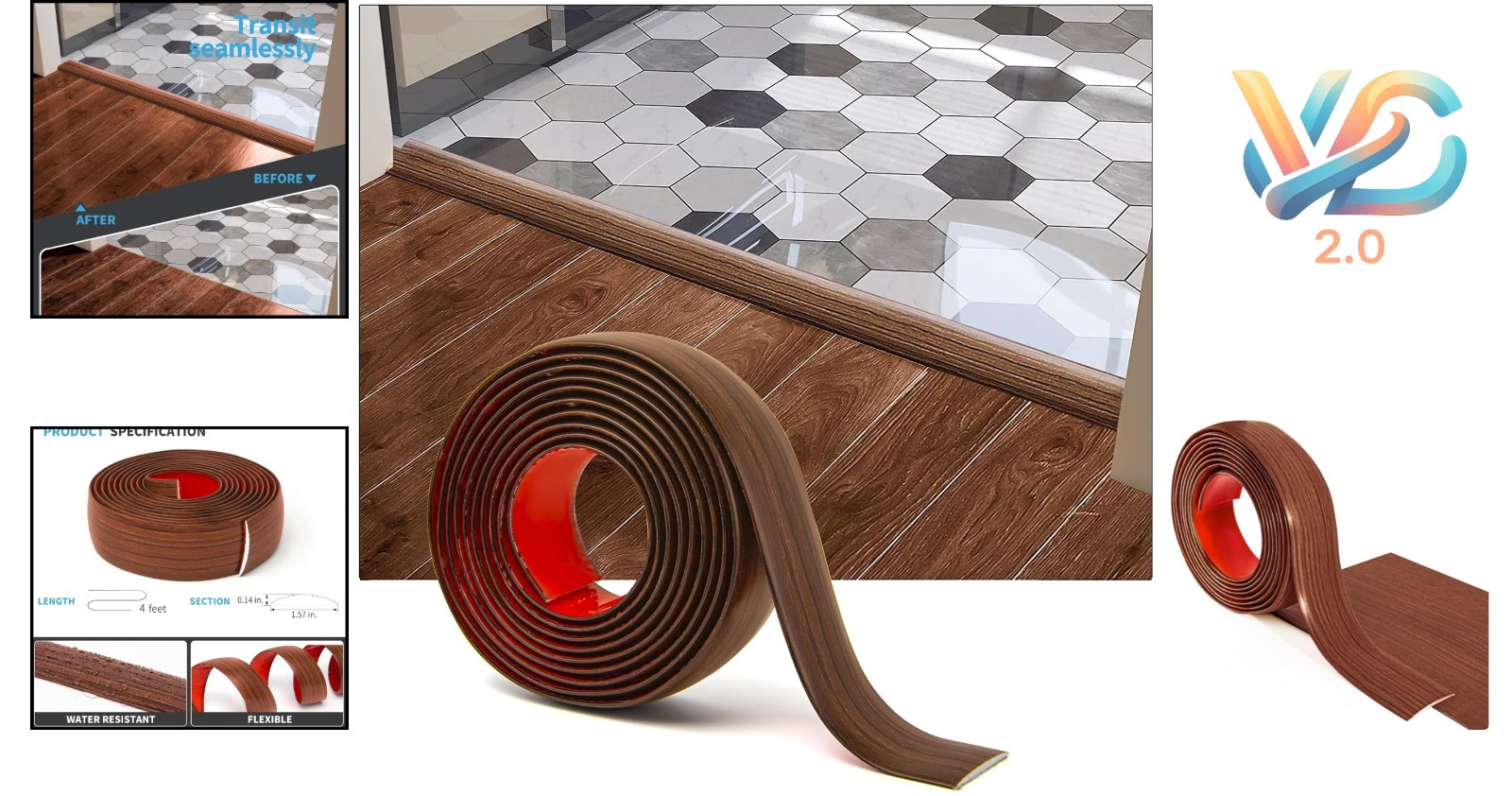 Cherry 4FT Vinyl Floor Transition Strip Self Adhesive Flat Divider for Gaps