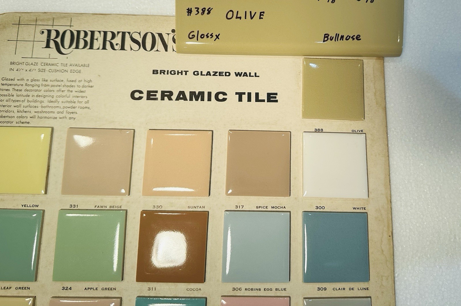 1 pc. Olive – Green: 2” X 6” Glossy Bullnose Ceramic Tile by Robertson, NOS