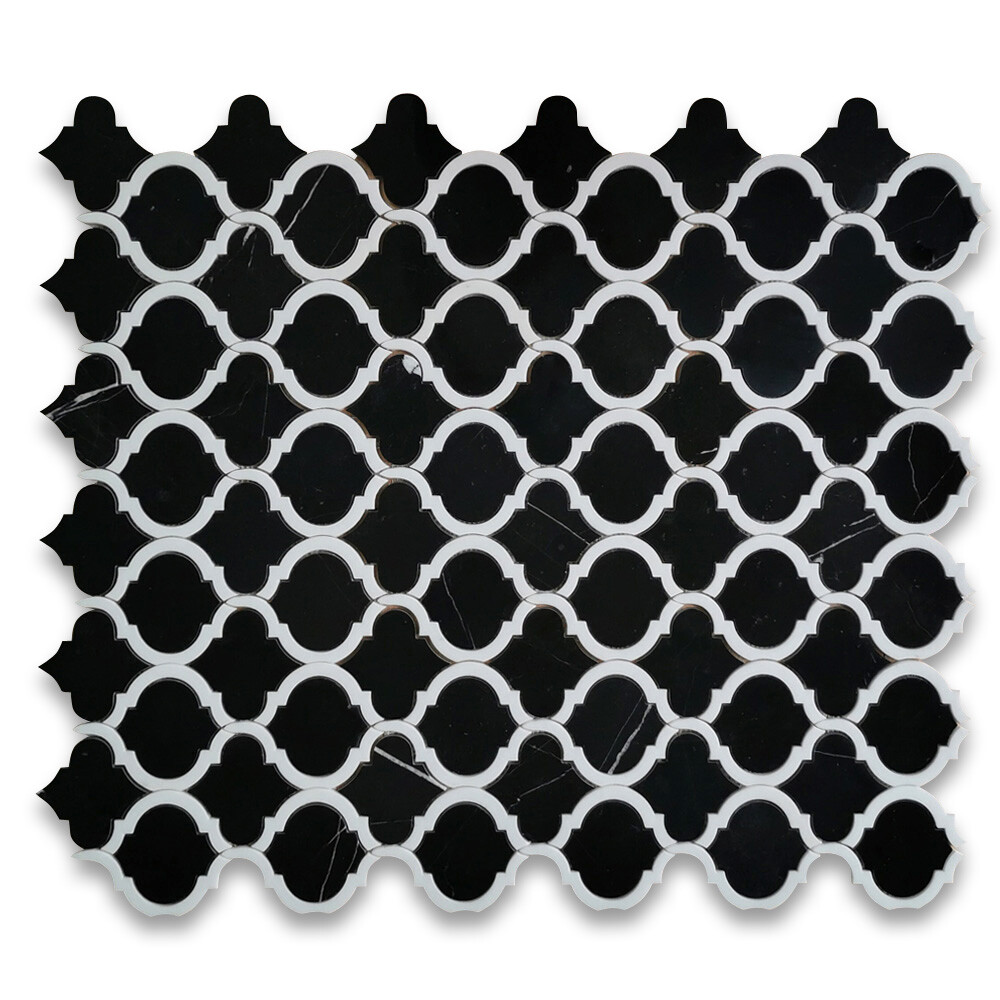 N89AXH Nero Marquina Black Marble Waterjet Arabesque Lantern Tile White Honed