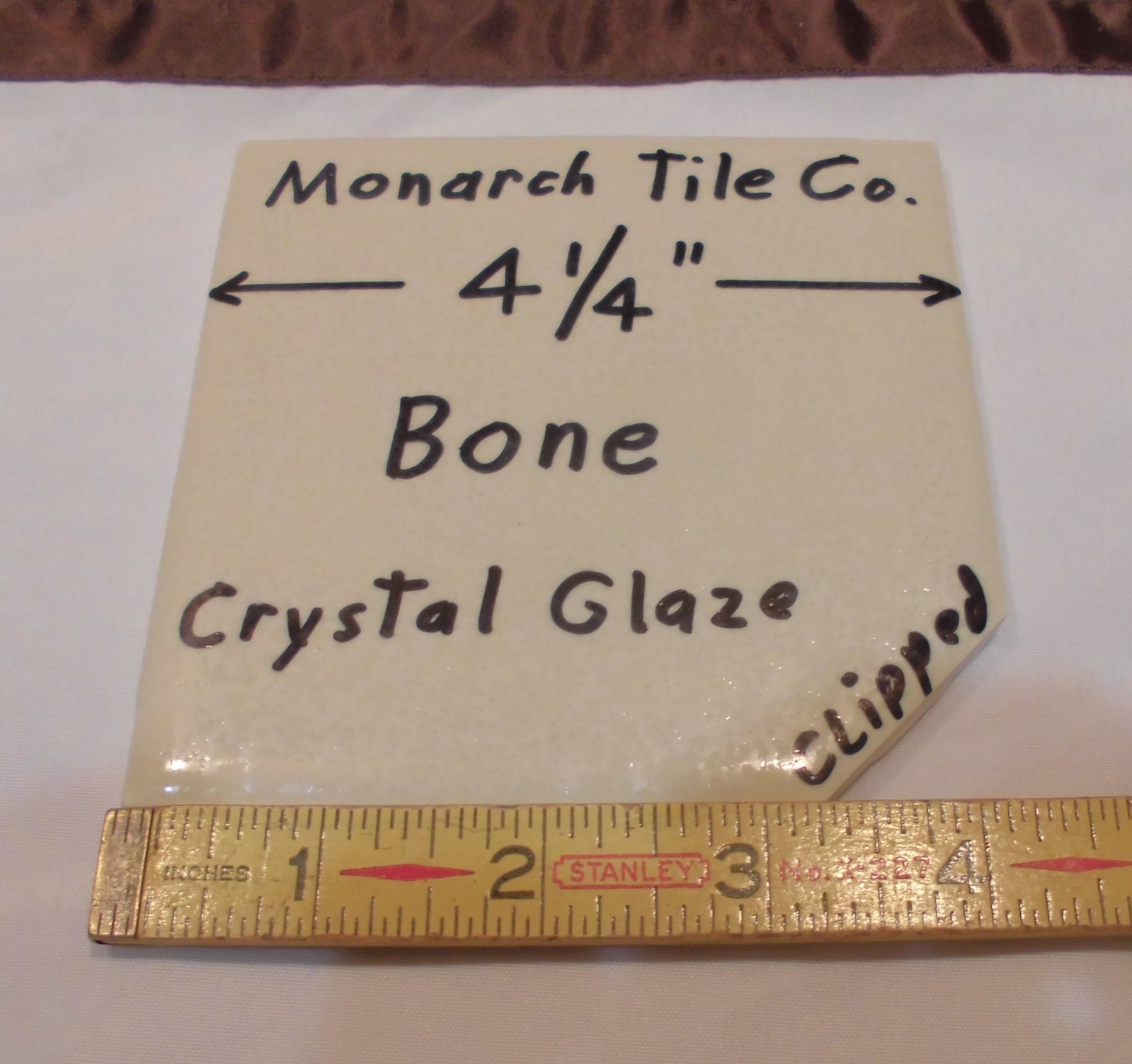 1 pc. *Bone* Clipped Ceramic Tile 4-1/4″ *Crystal Glazed* by Monarch Co. NOS