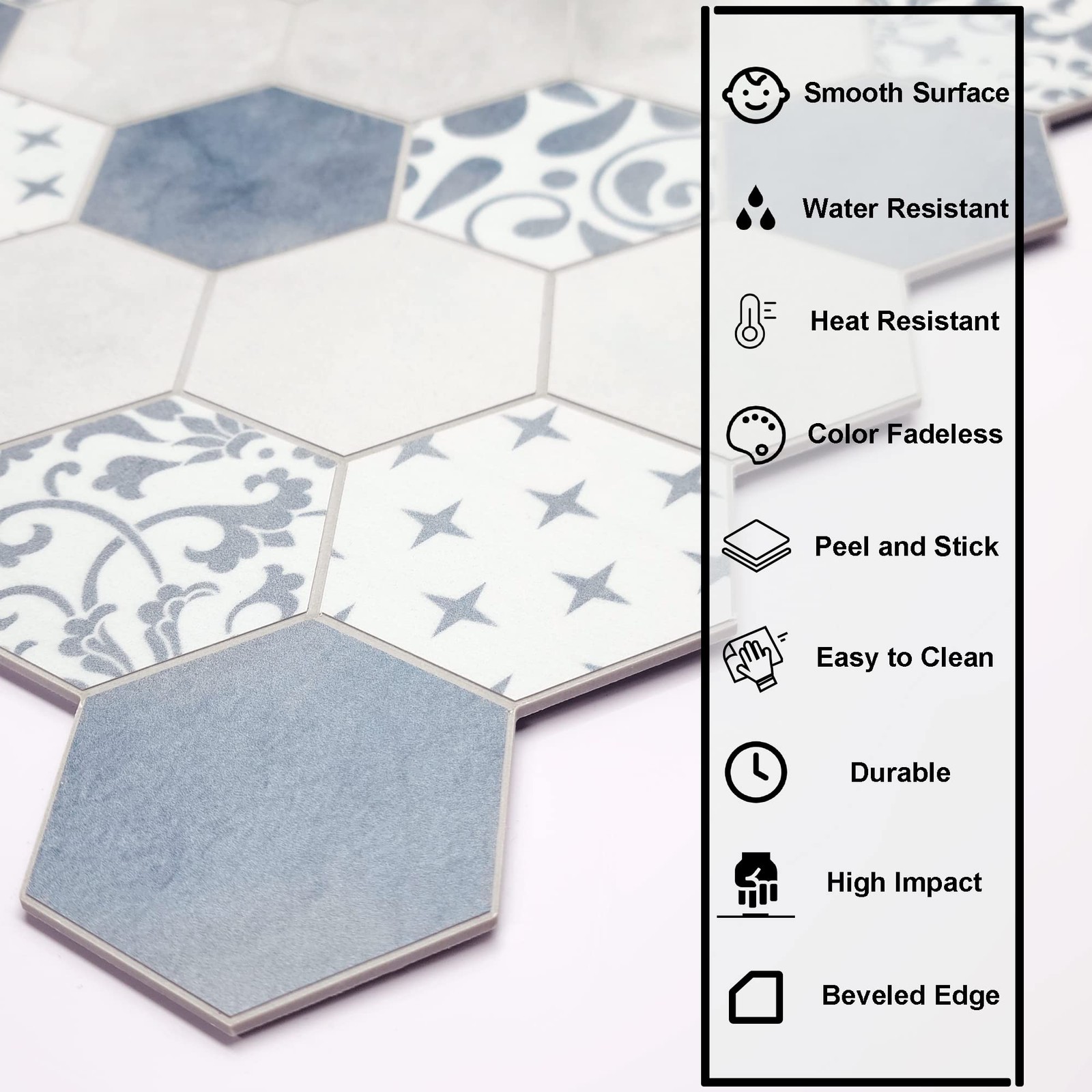 10-Sheet Peel and Stick Backsplash, Blue Cement Hexagon Stone Composite Marbl…