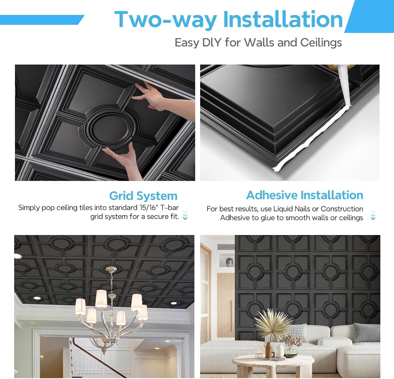 Black PVC Ceiling Tiles 2x2Ft Waterproof 12 Pack 48 SqFt Glue Up or Drop In